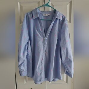 Kim Rogers Blue Button-Up Shirt with Pink Polka Dots